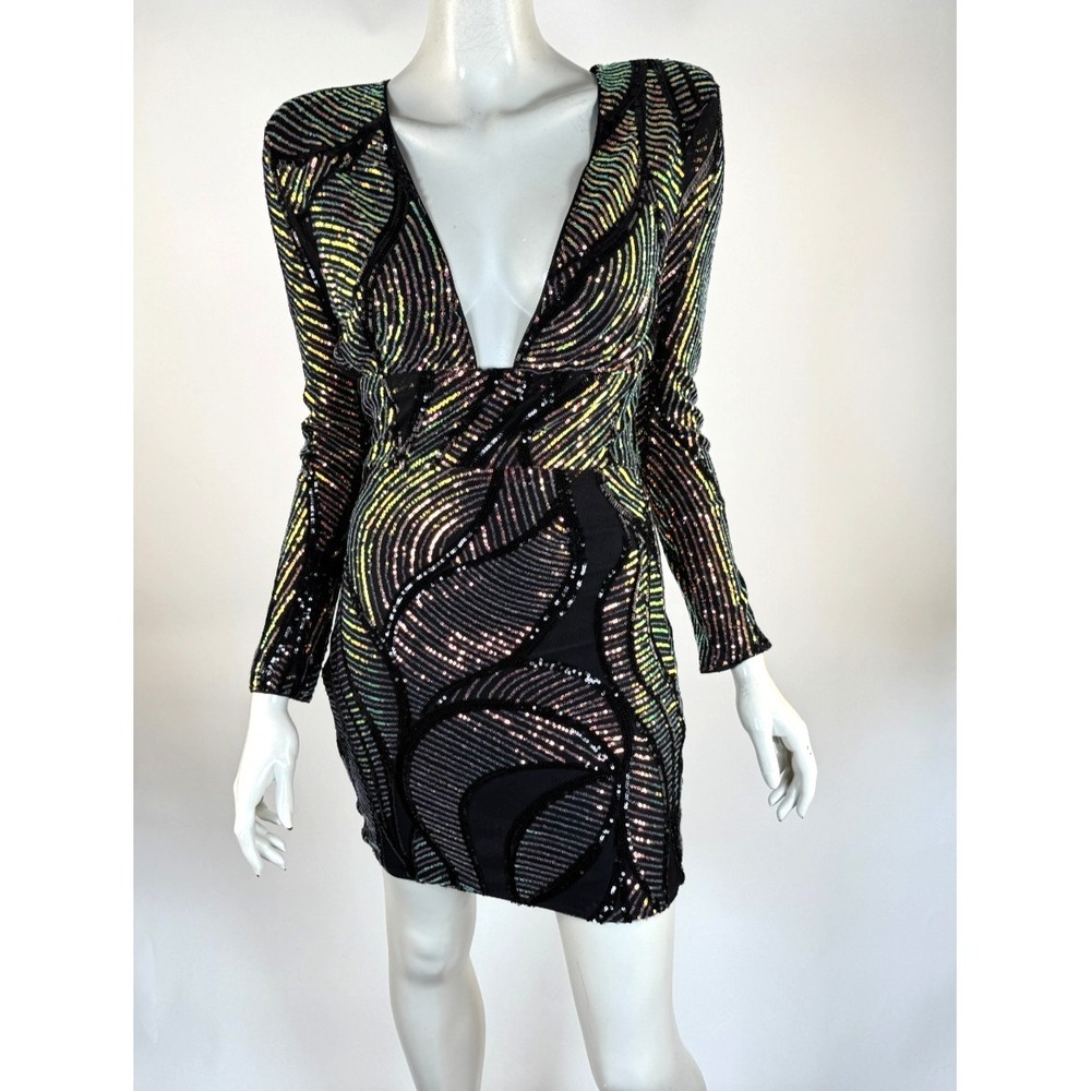 Love & Lemonade Sequin Long Sleeve Dress Women M NWT Deep V-neck Mini Bodycon